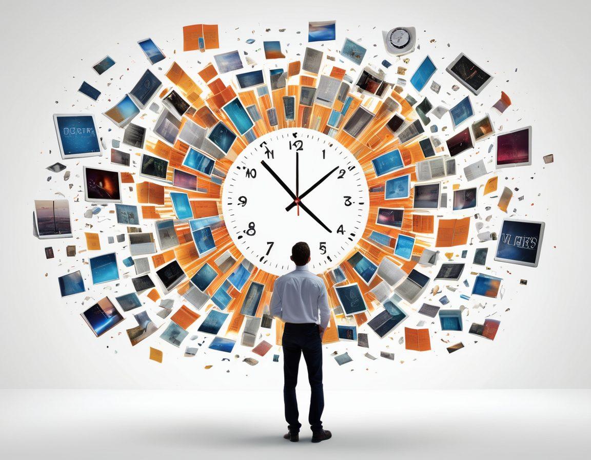 A dynamic composite of a person surrounded by floating digital pages, with words and vibrant illustrations emerging from screens and devices. Incorporate elements like a clock to symbolize 'quick reads' and vibrant colors to convey creativity in storytelling. The backdrop should have a blend of books and technology with an inspiring aura. super-realistic. vibrant colors. white background.