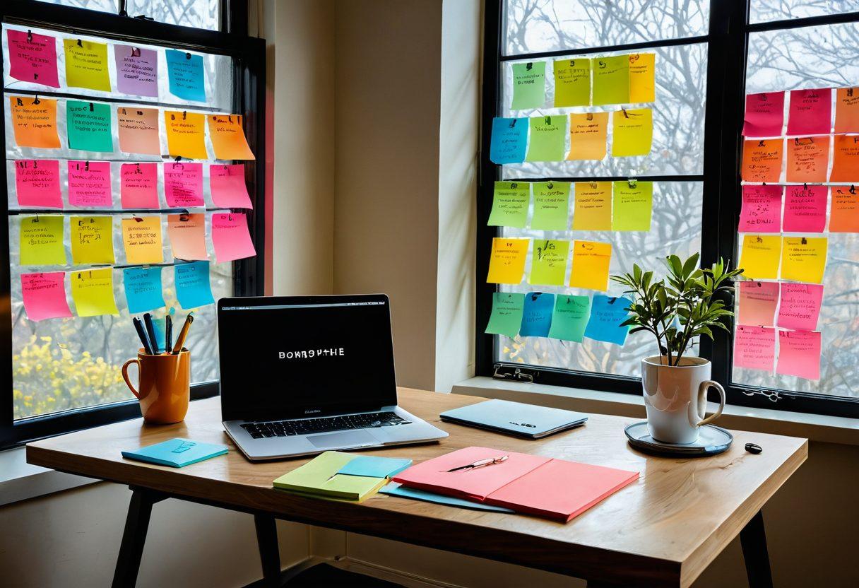 An elegantly designed workspace featuring a minimalist desk with a laptop open to a blog post, surrounded by colorful sticky notes and a steaming cup of coffee. A large window lets in natural light, illuminating the space with a calming ambiance. Include a wall with motivational quotes about storytelling and writing. super-realistic. vibrant colors. soft background.