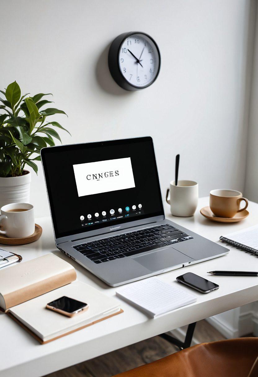 A minimalist workspace featuring an open laptop with a digital notepad displaying concise blog content. A coffee cup on the side, symbolizing inspiration, with a clock showing time efficiency in the background. The decor is sleek and modern, with soft natural lighting, emphasizing clarity and focus. super-realistic. vibrant colors. minimalistic design.